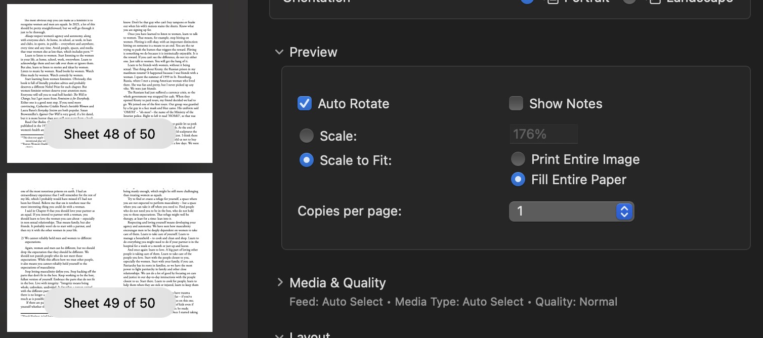 Screen capture of the print dialog box with 'scale to fill paper' selected, which only matters if you are going to print the document.